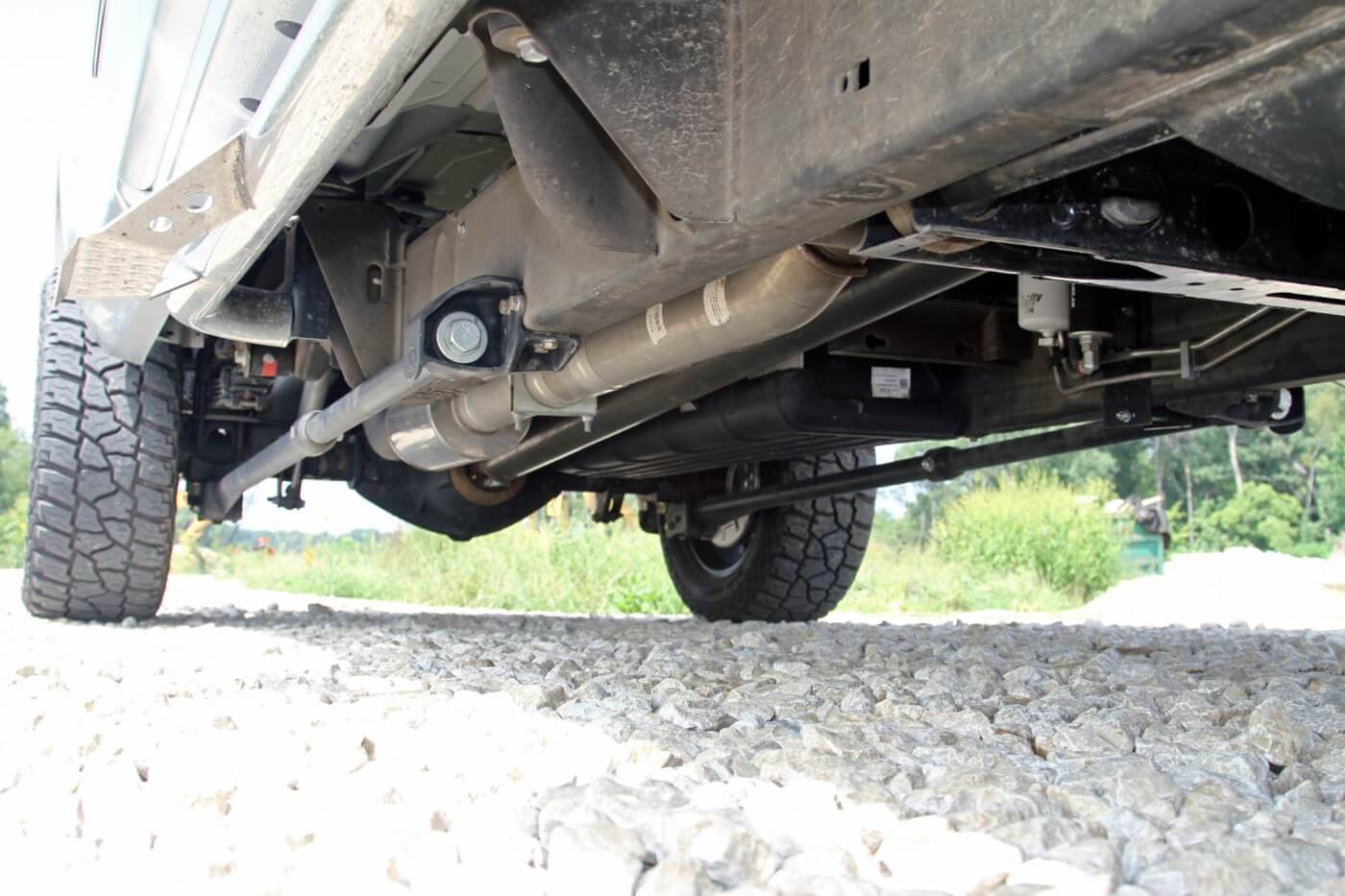 A set of One Up Offroad traction bars links the frame to the axle. Check out the 4-inch diameter Flow Pro stainless steel exhaust system and the custom one-piece steel driveshaft.