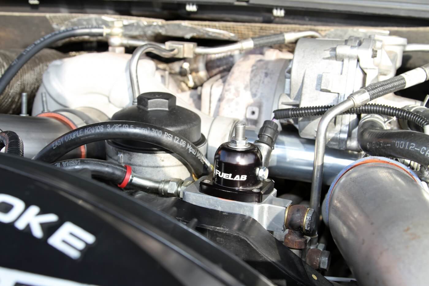 A FueLab regulator is the heart of the Side Action Diesel Performance fuel bowl delete for the 6.4L Power Stroke engine. Dual K16 pumps are used to supply fuel to the 100-percent-over SADP injectors.