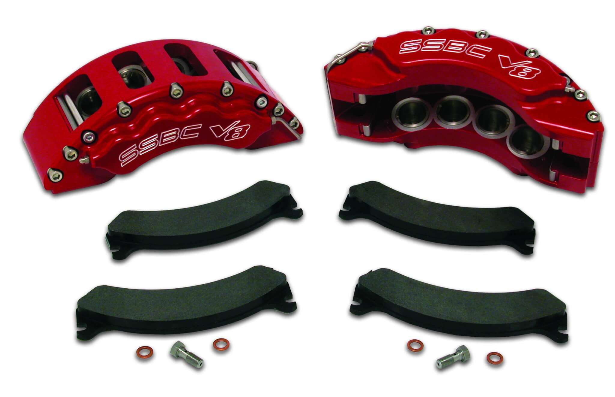 The V8 caliper from SSBC is seen here in bright red. The installation photos show it in black. You can order your calipers in several colors of powder coat; some colors are available through special order. 
