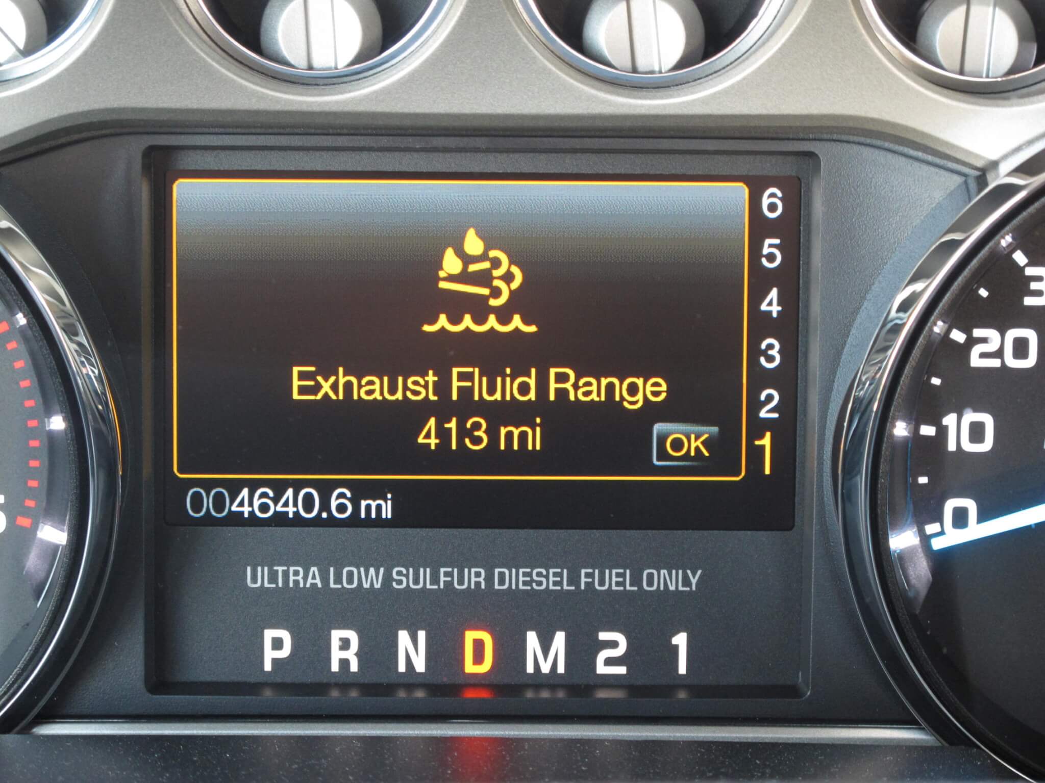 5. Most truck manufacturers include a DEF warning of some type; here you see the DEF level screen on a Ford truck. On some diesel cars, the low DEF warning is just a dashboard light. 