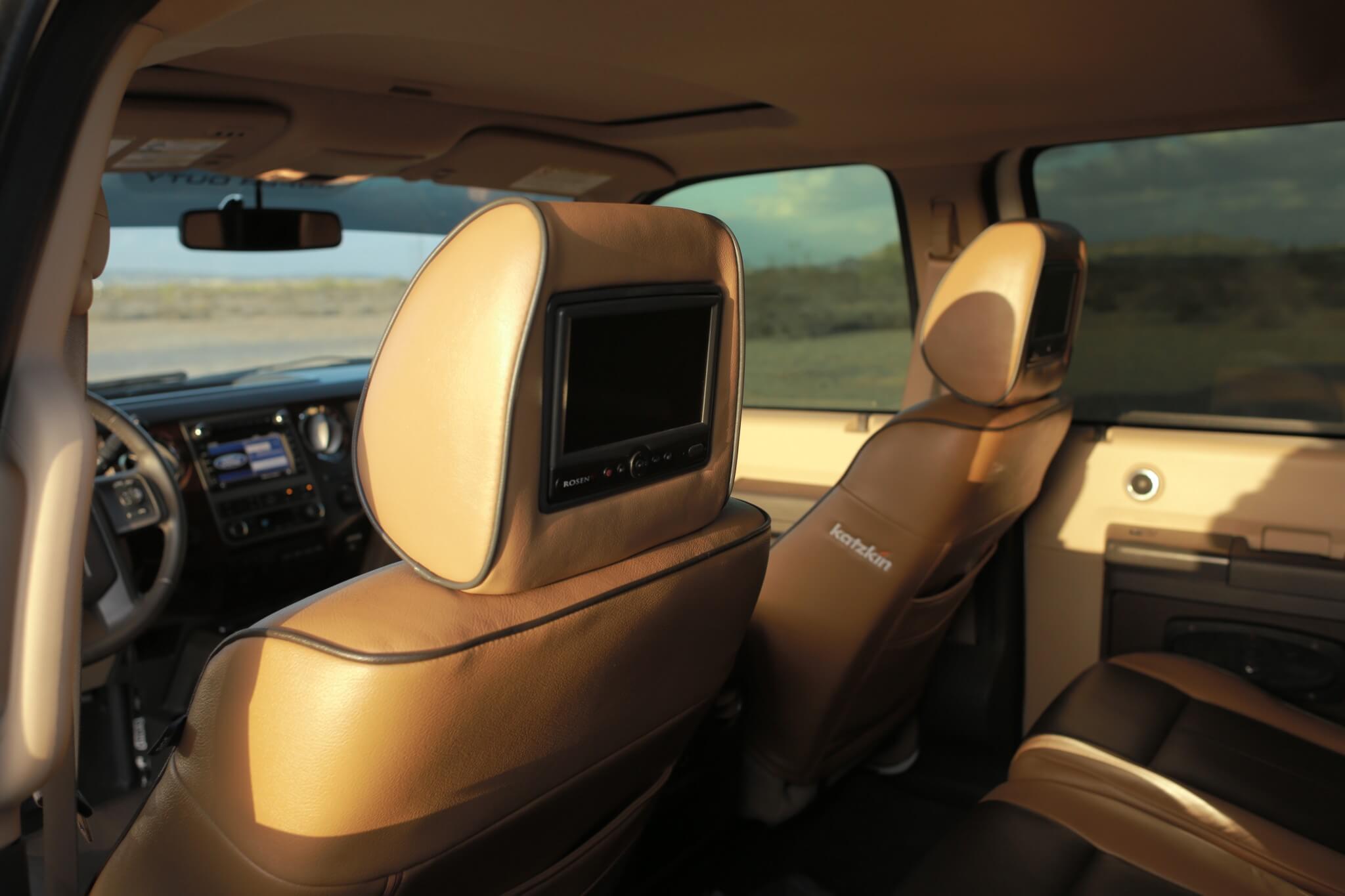 Passengers will have plenty of entertainment on the road as the front seats were fitted with Rosen Electronics AV7900 headrest replacement systems with media players and monitors. 