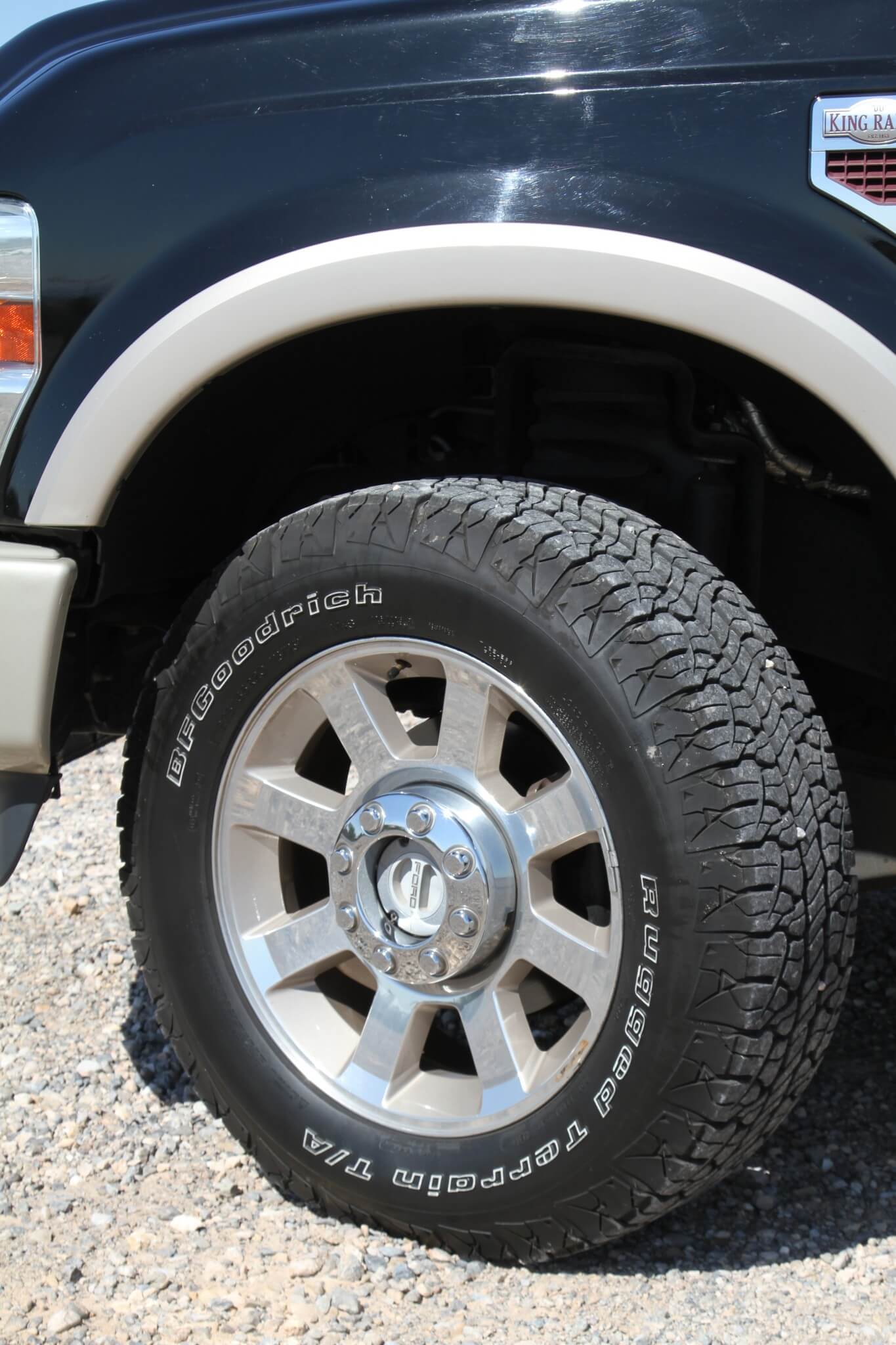 The factory 20x9 aluminum wheels were consumed with a set of BFGoodrich Rugged Terrain T/A tires.